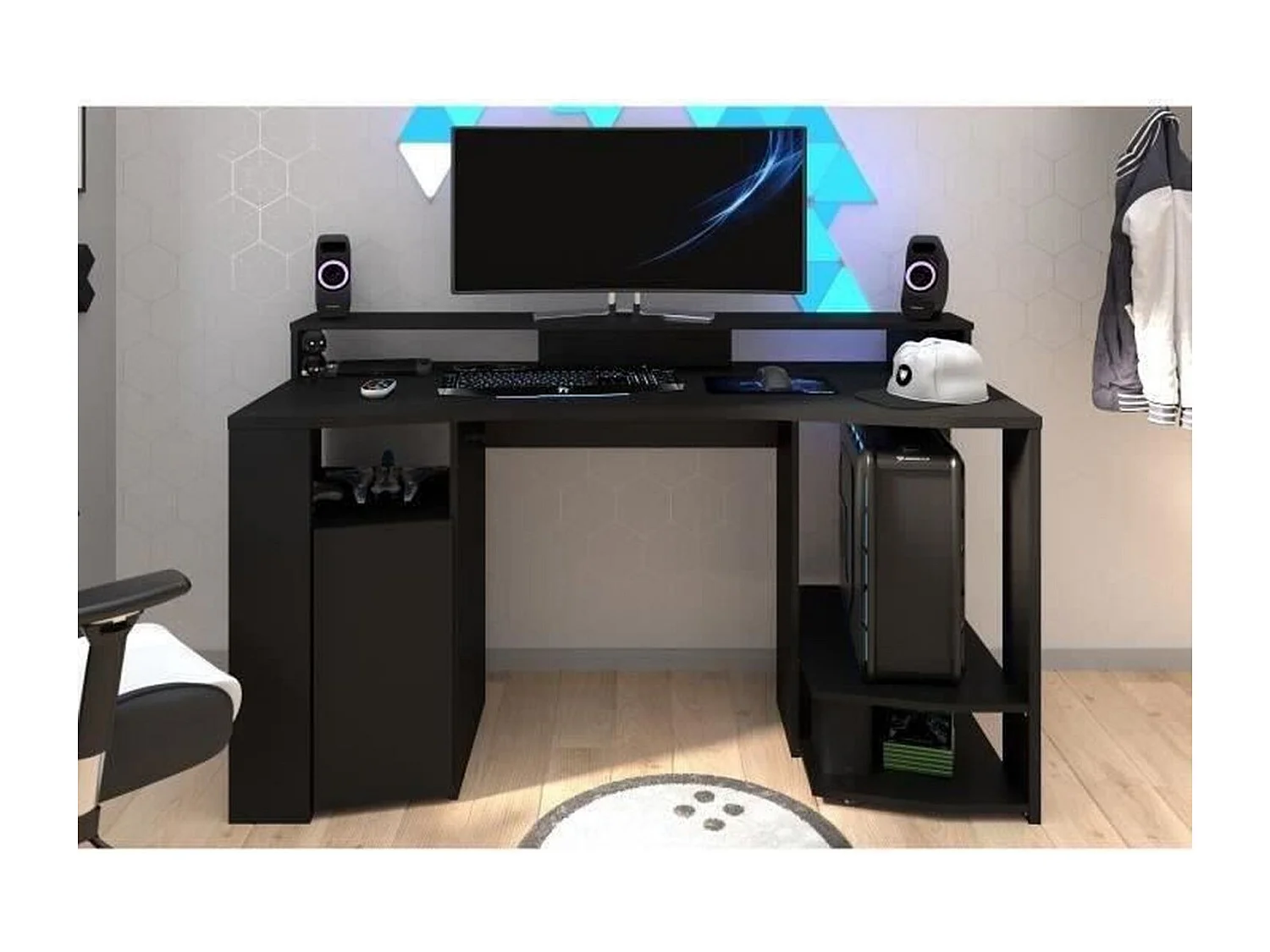 Bureau gaming LED - Grande zone de jeu - Noir - L 152 x P 61,5 x H 86,7 cm - GAMER