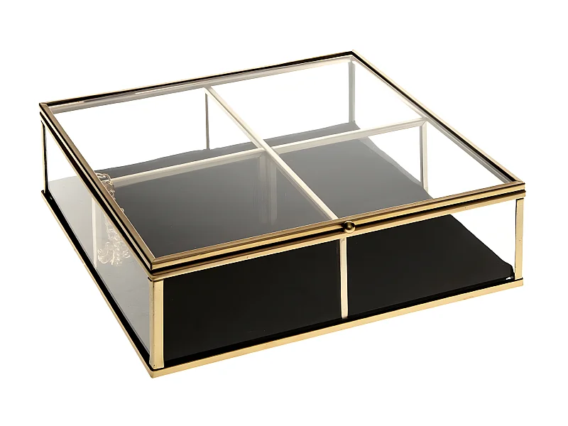 Boite à Bijoux carrée Dorée en Verre et Velours  20 x 20 cm