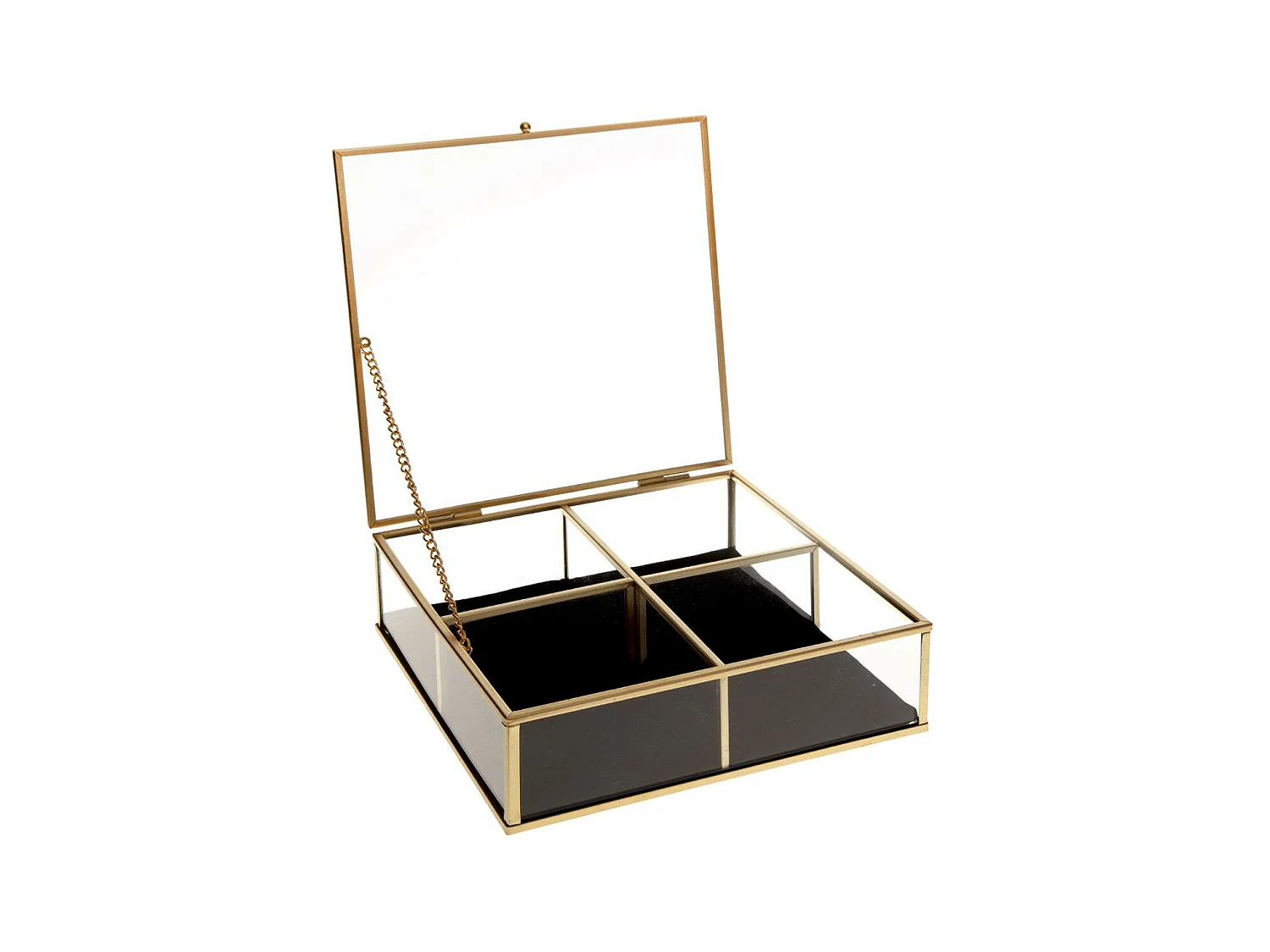 Boite à Bijoux carrée Dorée en Verre et Velours  20 x 20 cm