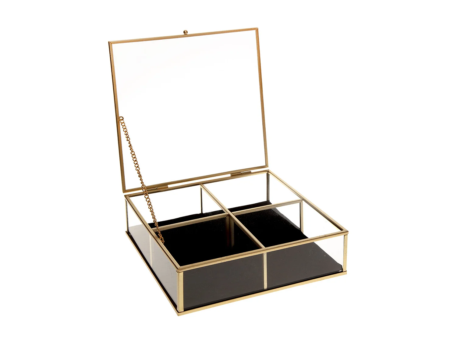 Boite à Bijoux carrée Dorée en Verre et Velours  20 x 20 cm