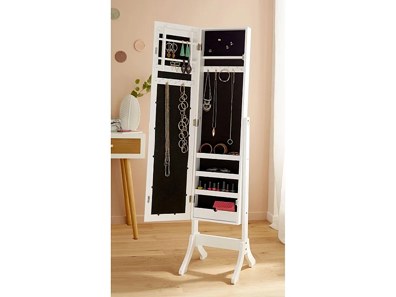 Armoire à Bijoux en Bois Blanc et Miroir en Verre Hauteur 145 cm