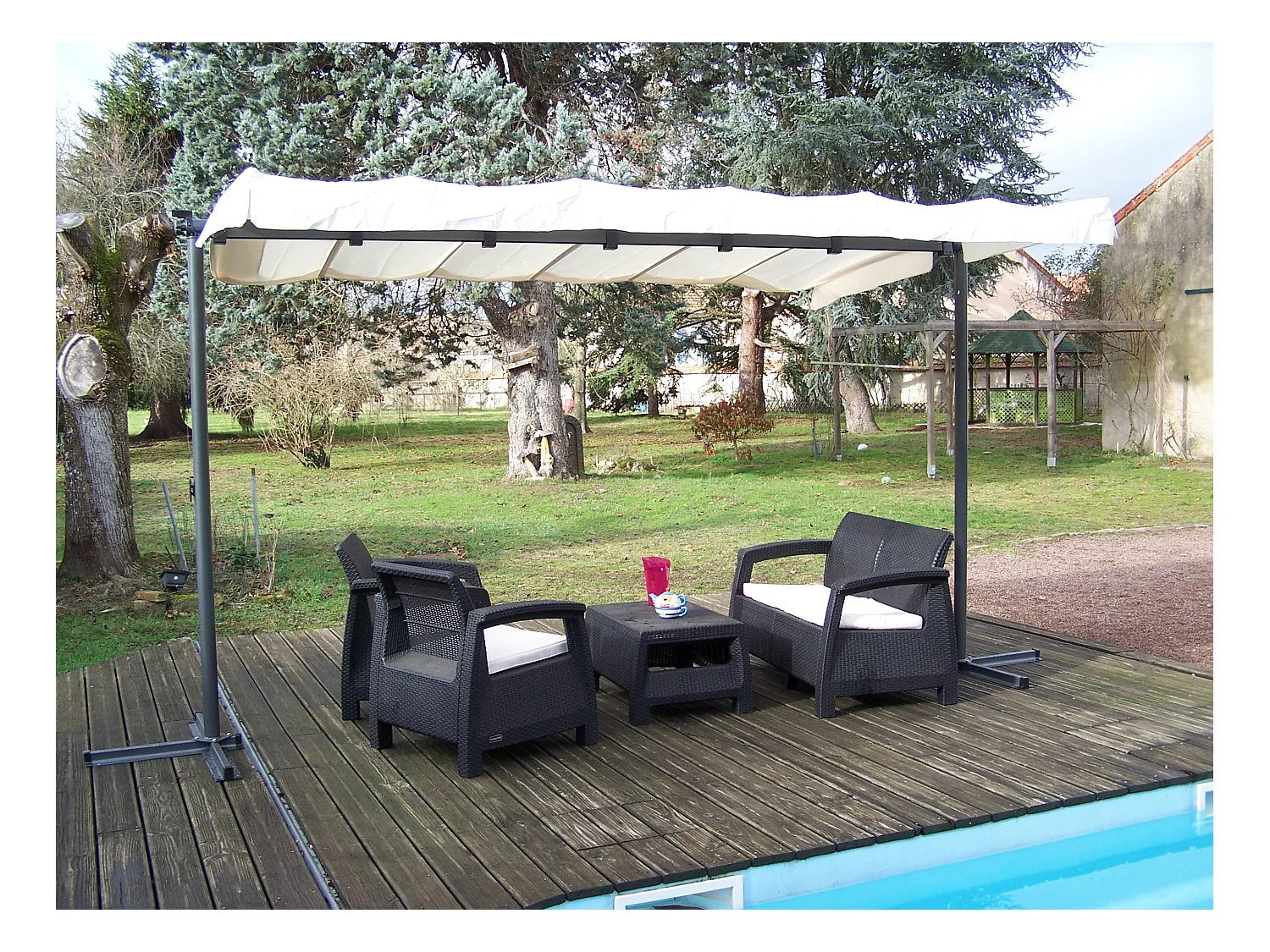 PER2535M-Pergola marquise 3,60 x 2,50 m finition epoxy gris anthracite avec toile pivotante et extensible