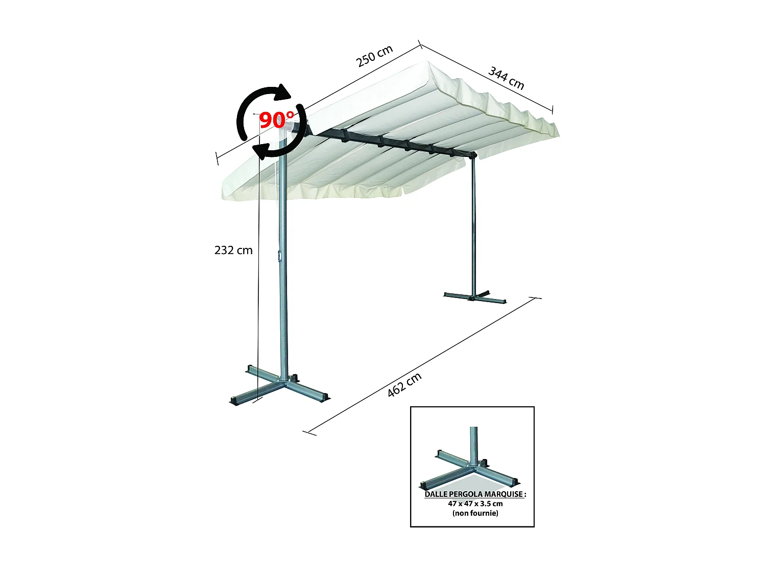 PER2535M-Pergola marquise 3,60 x 2,50 m finition epoxy gris anthracite avec toile pivotante et extensible