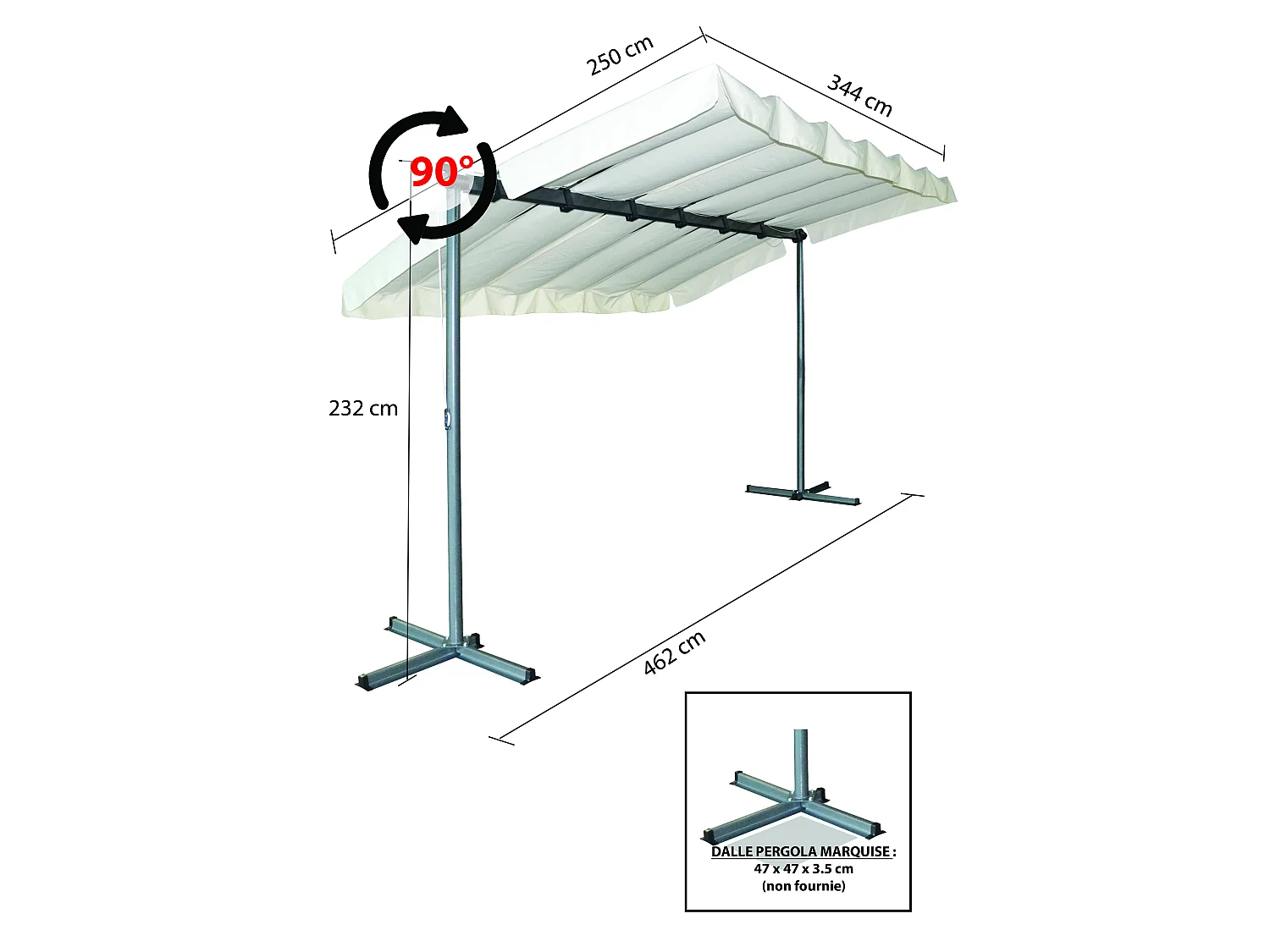 PER2535M-Pergola marquise 3,60 x 2,50 m finition epoxy gris anthracite avec toile pivotante et extensible