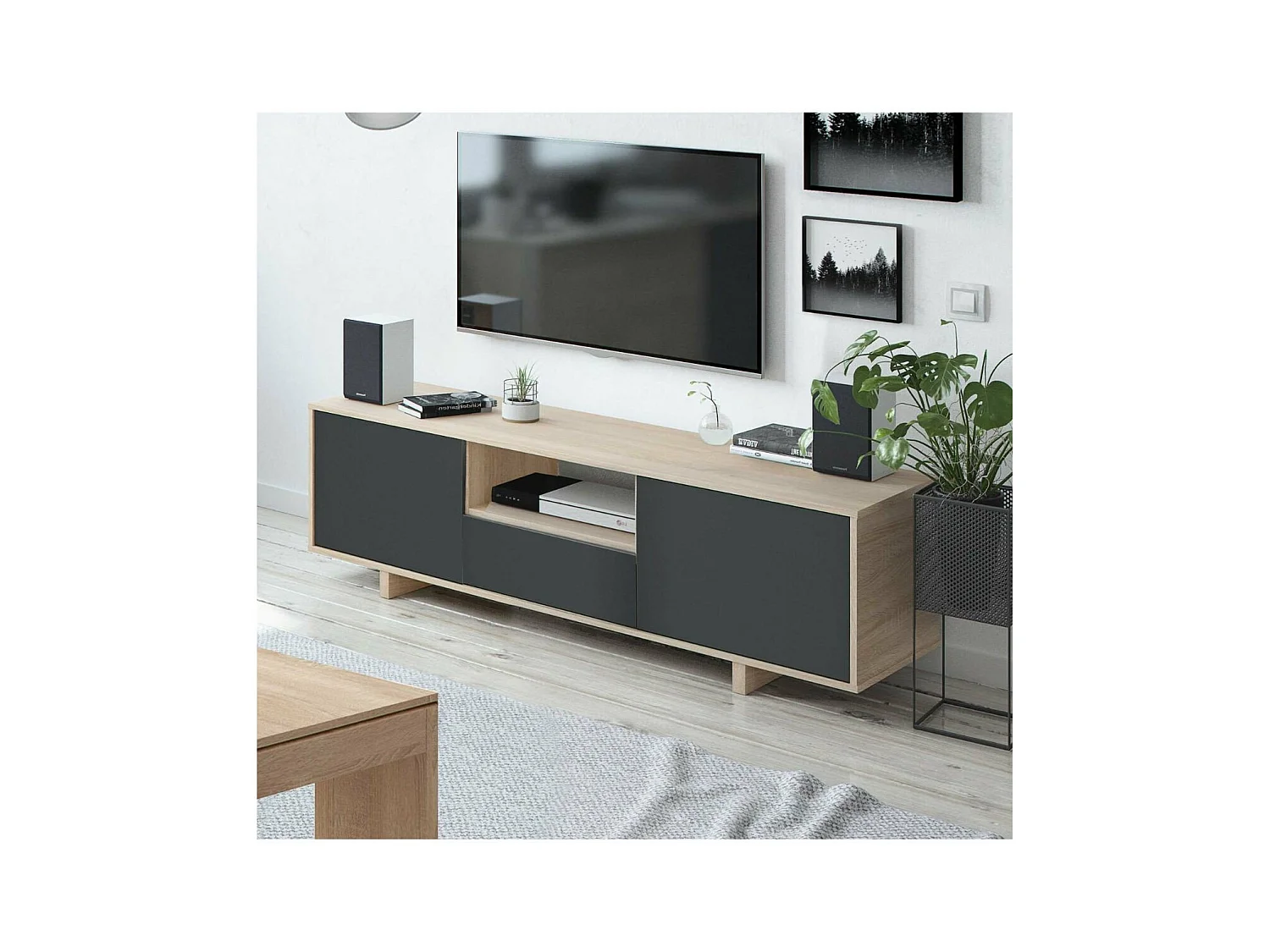 Meuble TV 3 portes + 1 niche de rangement Zaira - L150 cm