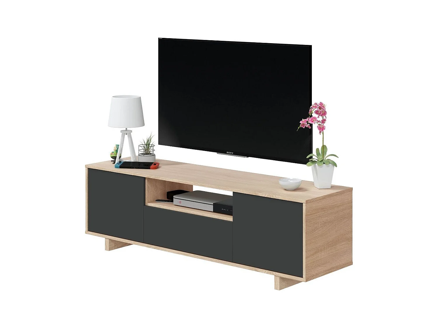 Meuble TV 3 portes + 1 niche de rangement Zaira - L150 cm