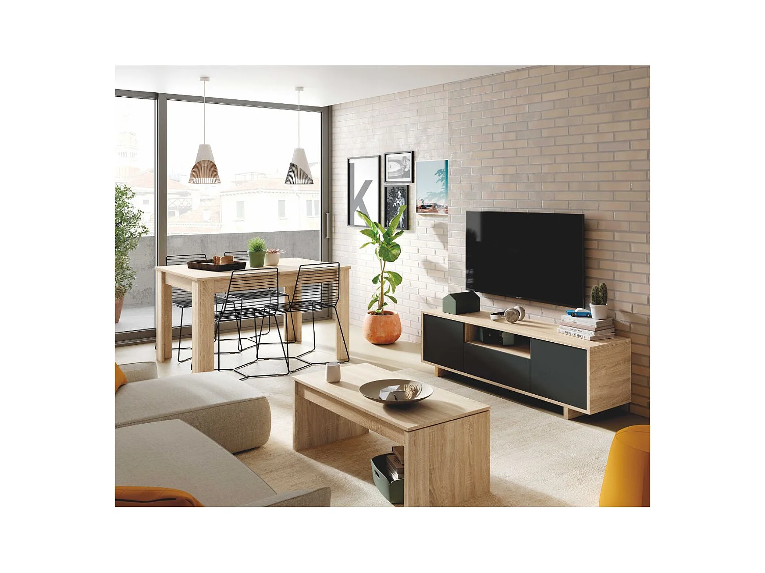 Meuble TV 3 portes + 1 niche de rangement Zaira - L150 cm