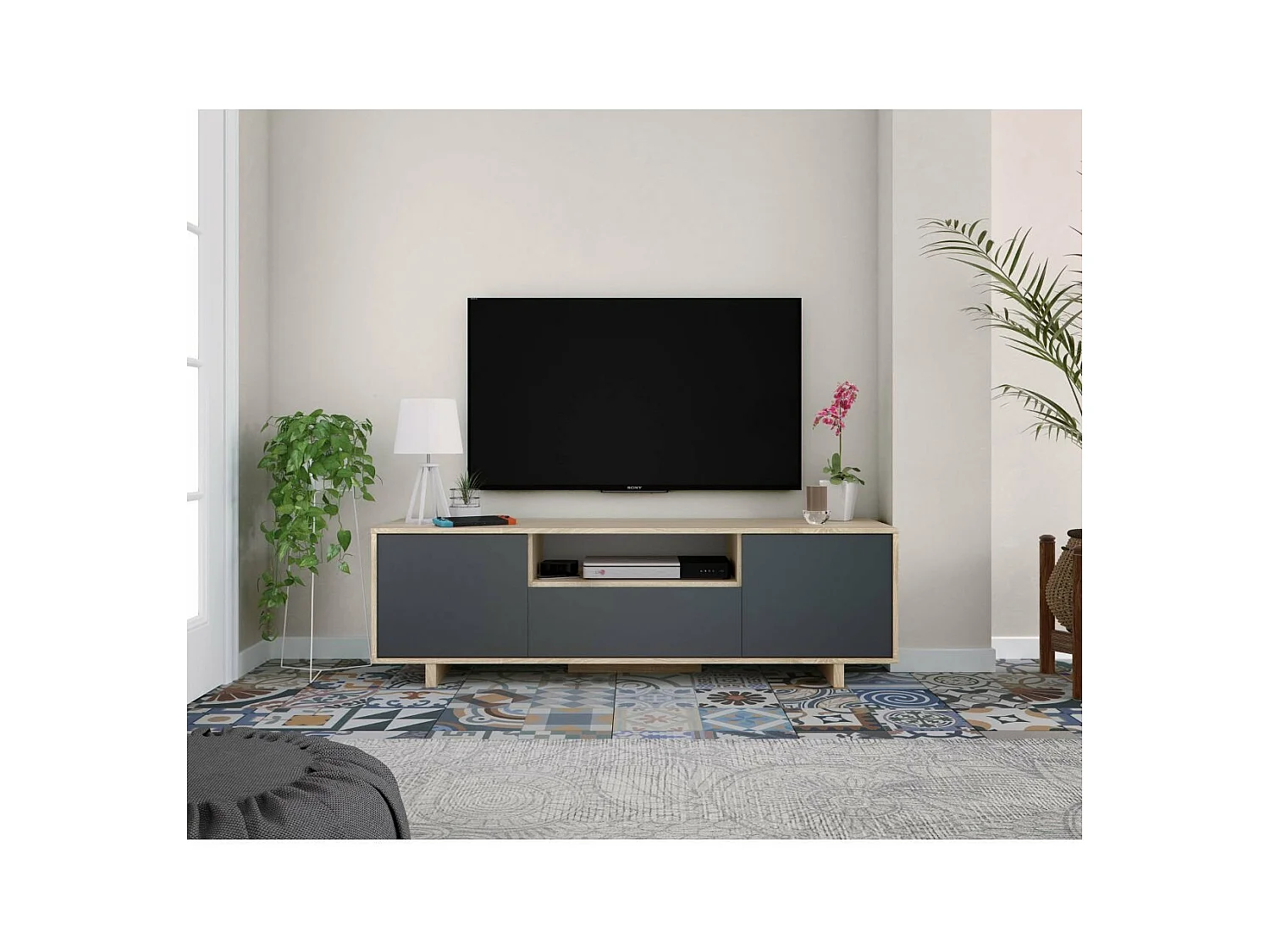 Meuble TV 3 portes + 1 niche de rangement Zaira - L150 cm