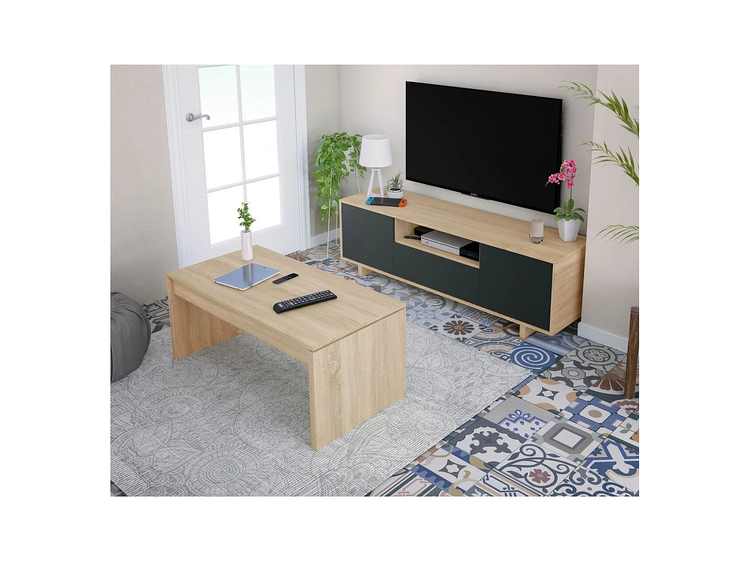 Meuble TV 3 portes + 1 niche de rangement Zaira - L150 cm