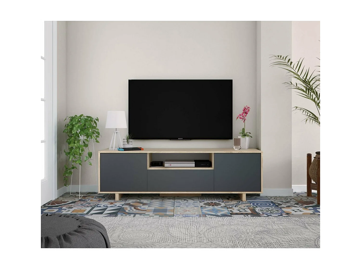 Meuble TV 3 portes + 1 niche de rangement Zaira - L150 cm