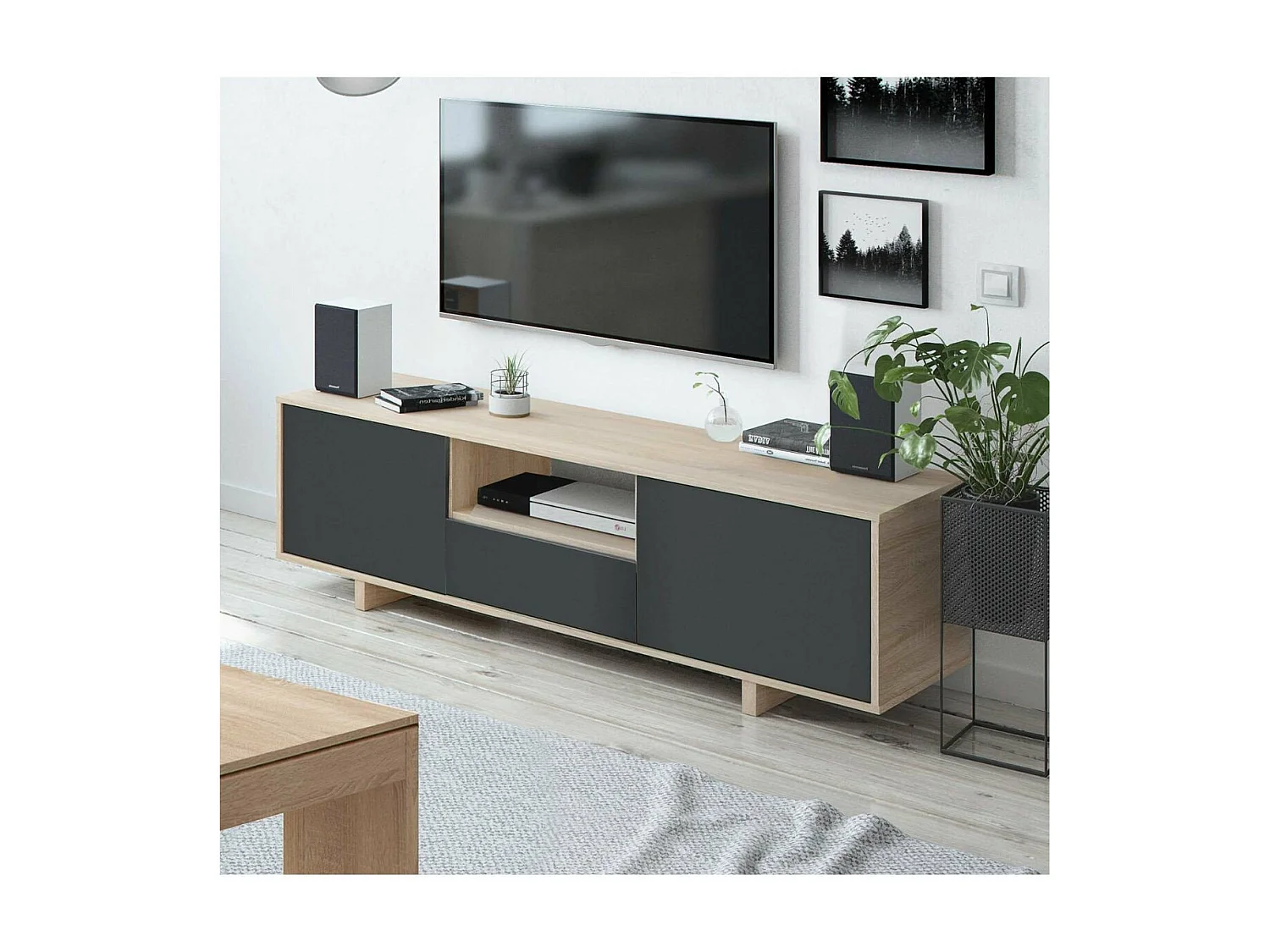 Meuble TV 3 portes + 1 niche de rangement Zaira - L150 cm