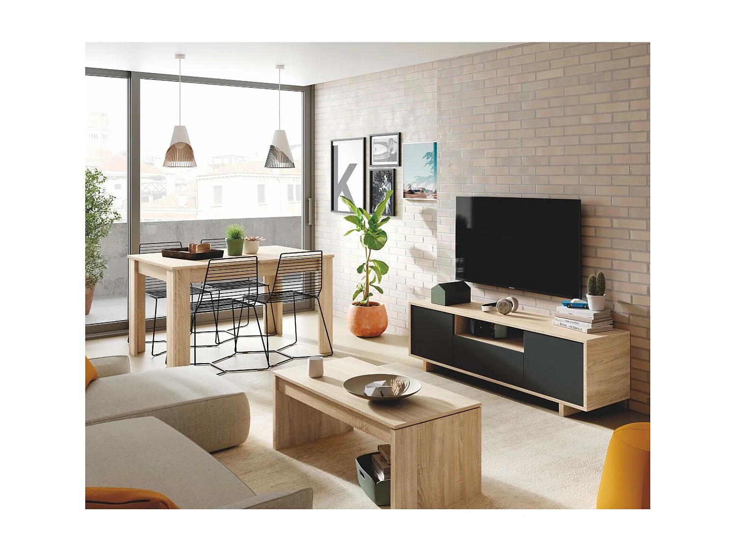 Meuble TV 3 portes + 1 niche de rangement Zaira - L150 cm