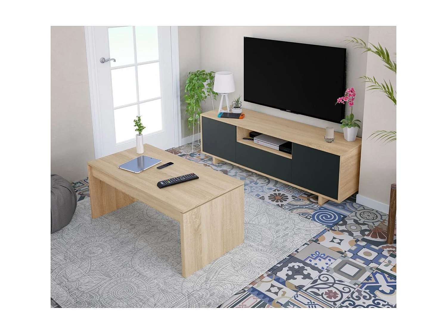 Meuble TV 3 portes + 1 niche de rangement Zaira - L150 cm