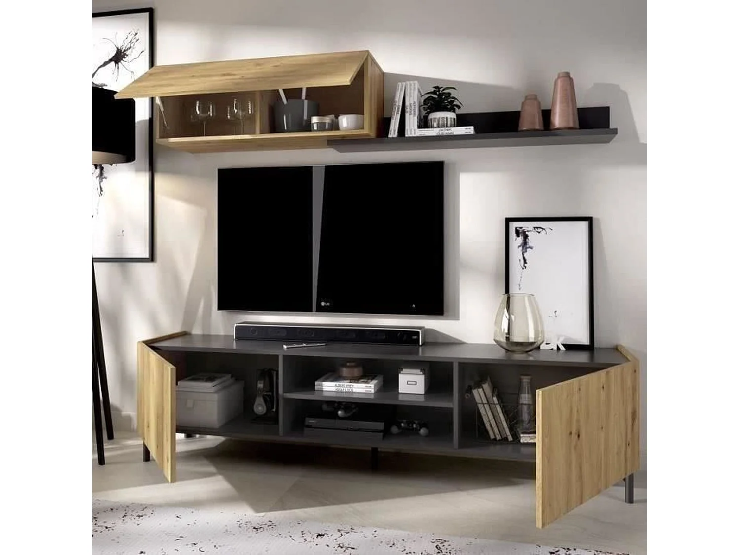 Mobile TV con mensola a muro Rovere Artisan e Grafite 180 x 35