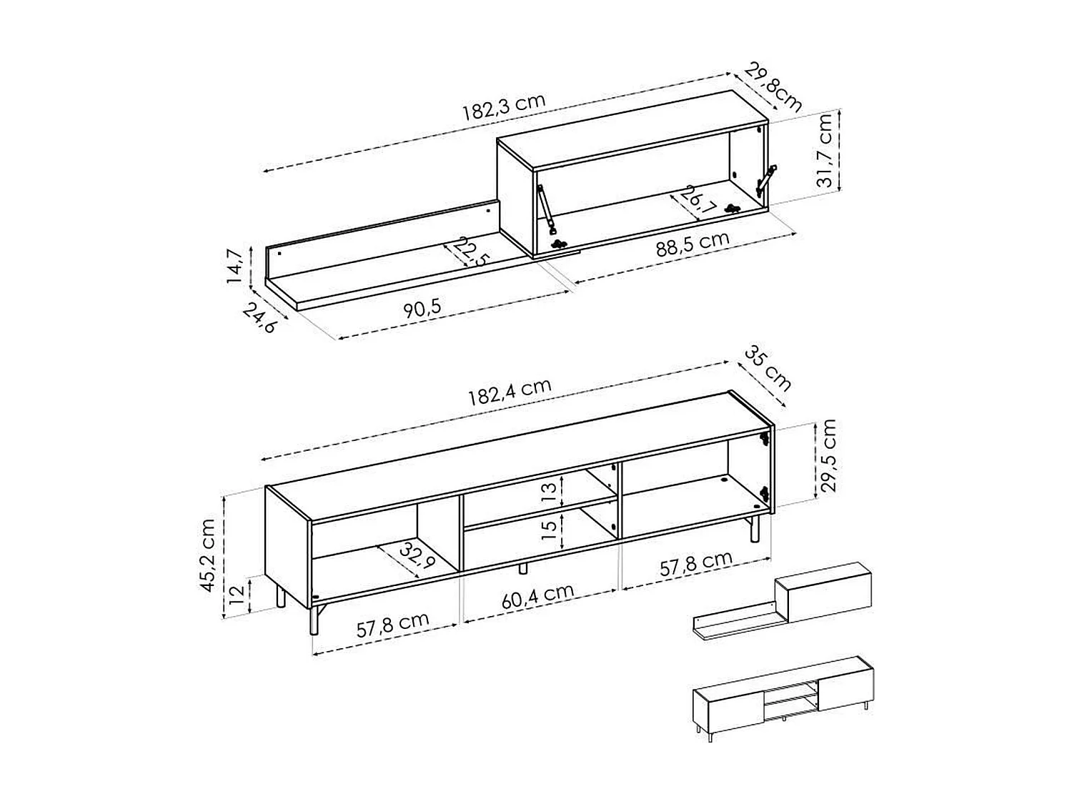 Mobile TV con mensola a muro Rovere Artisan e Grafite 180 x 35
