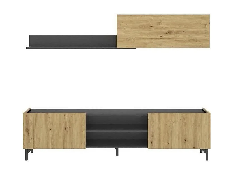 Mueble TV con estante de pared - Roble artesanal y grafito - 180 x 35
