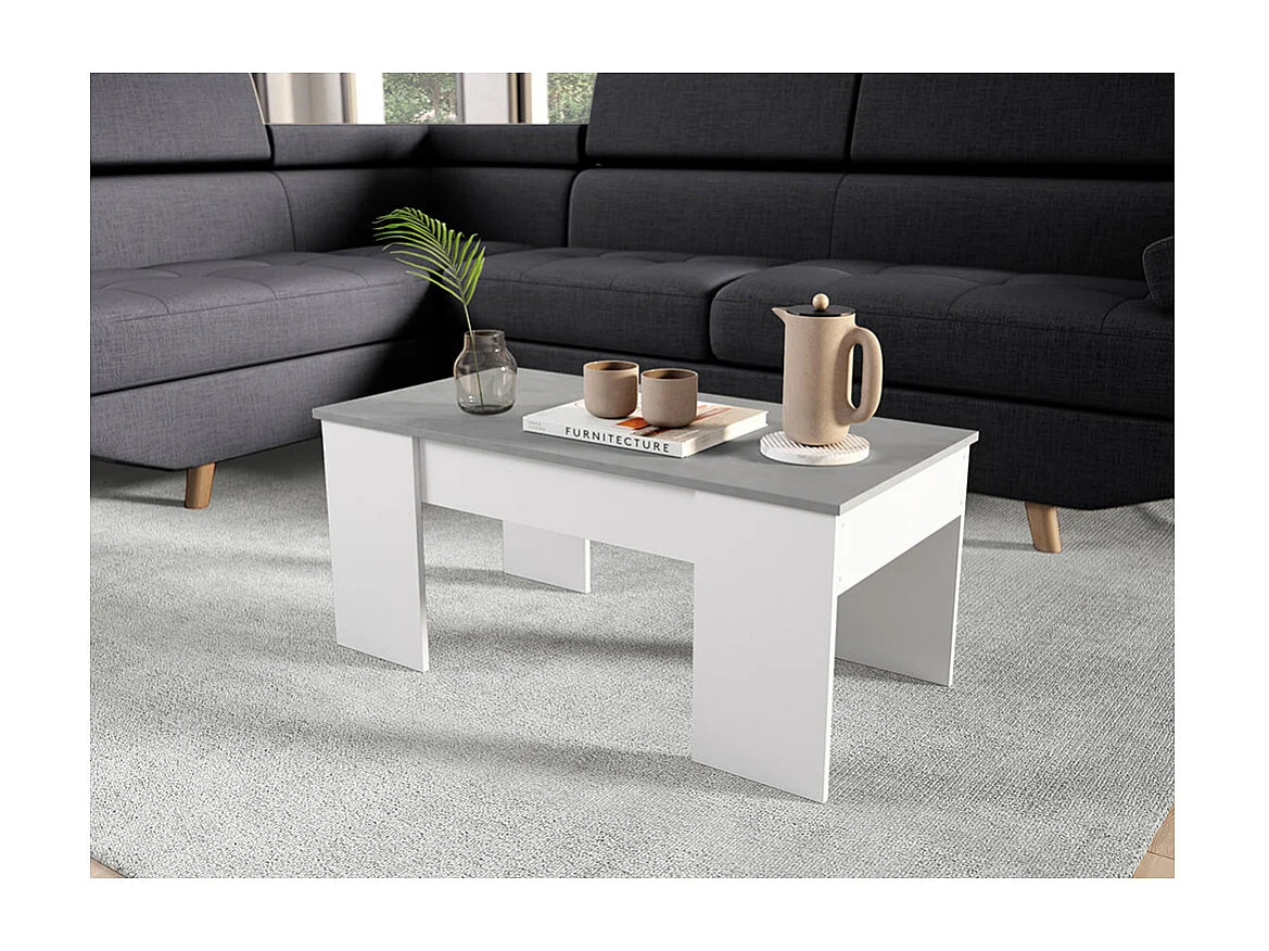 Table basse GOTHAM avec plateau relevable et rangement - Blanc et Béton