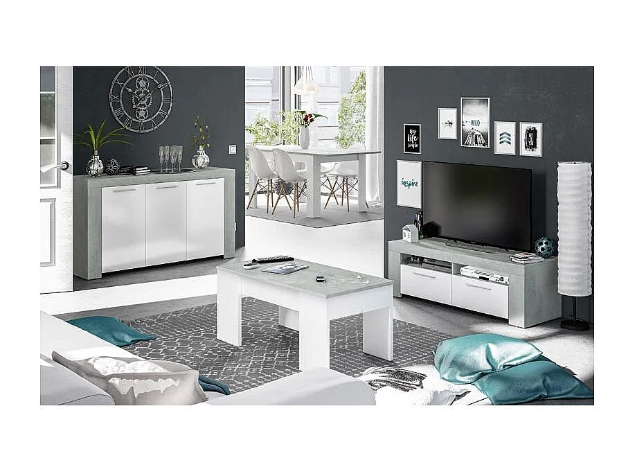 Table basse GOTHAM avec plateau relevable et rangement - Blanc et Béton