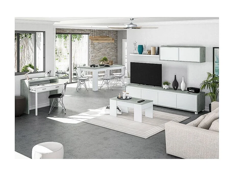 Table basse GOTHAM avec plateau relevable et rangement - Blanc et Béton