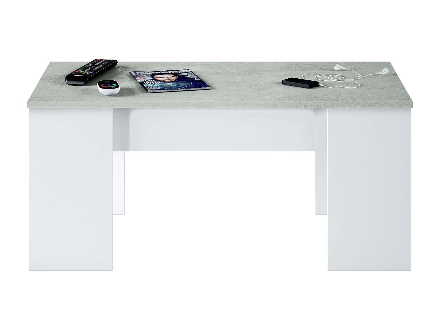 Mesa de centro elevatória Artik de cimento branco com pés de melamina, 100x50x45 cm