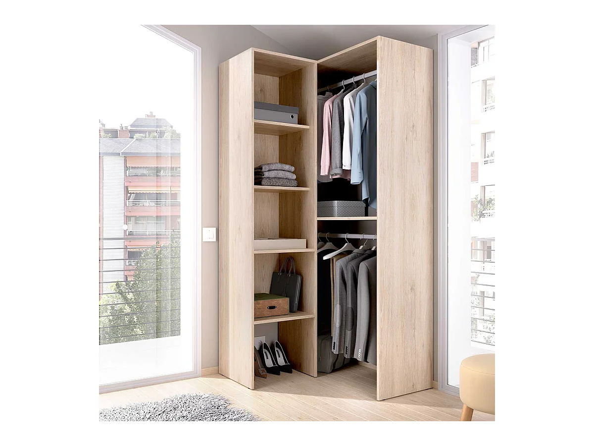 Vestidor rinconero Suit 4 estantes+2 barras para colgar natural
