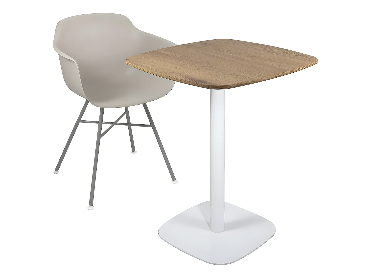 Table bistrot cuisine, 75cm, plateau 60cm, métal SILA (Blanc & imitation chêne)