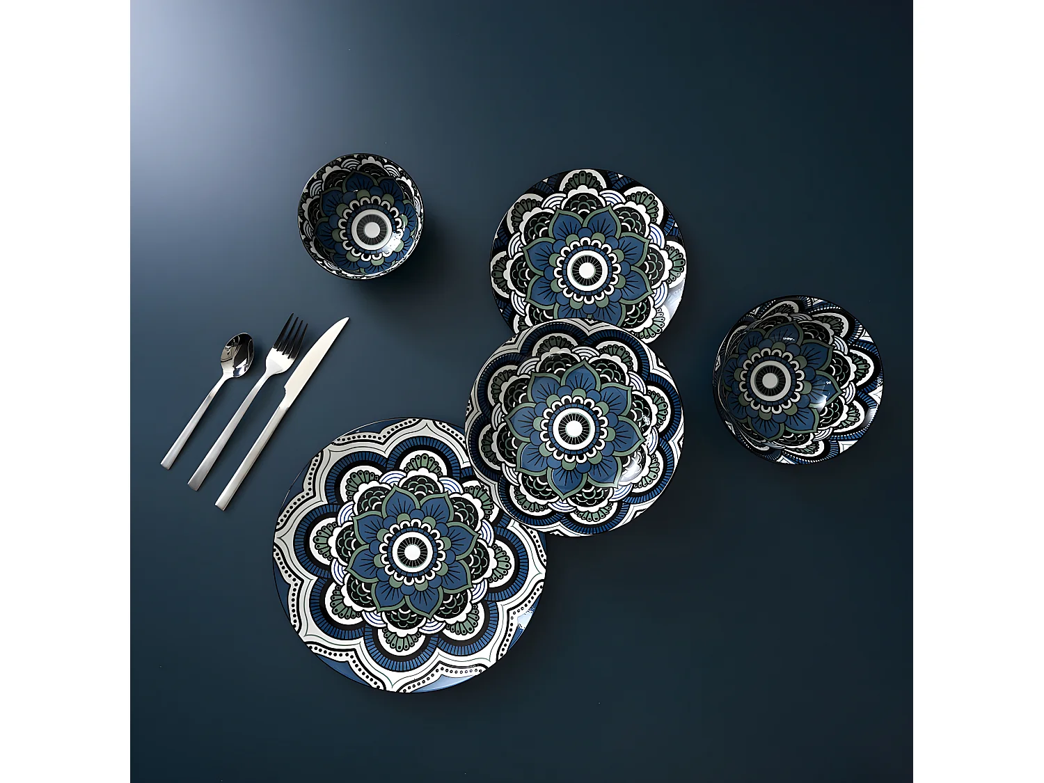 Lot de 6 Assiettes à Dessert "Mandala" 19cm Bleu