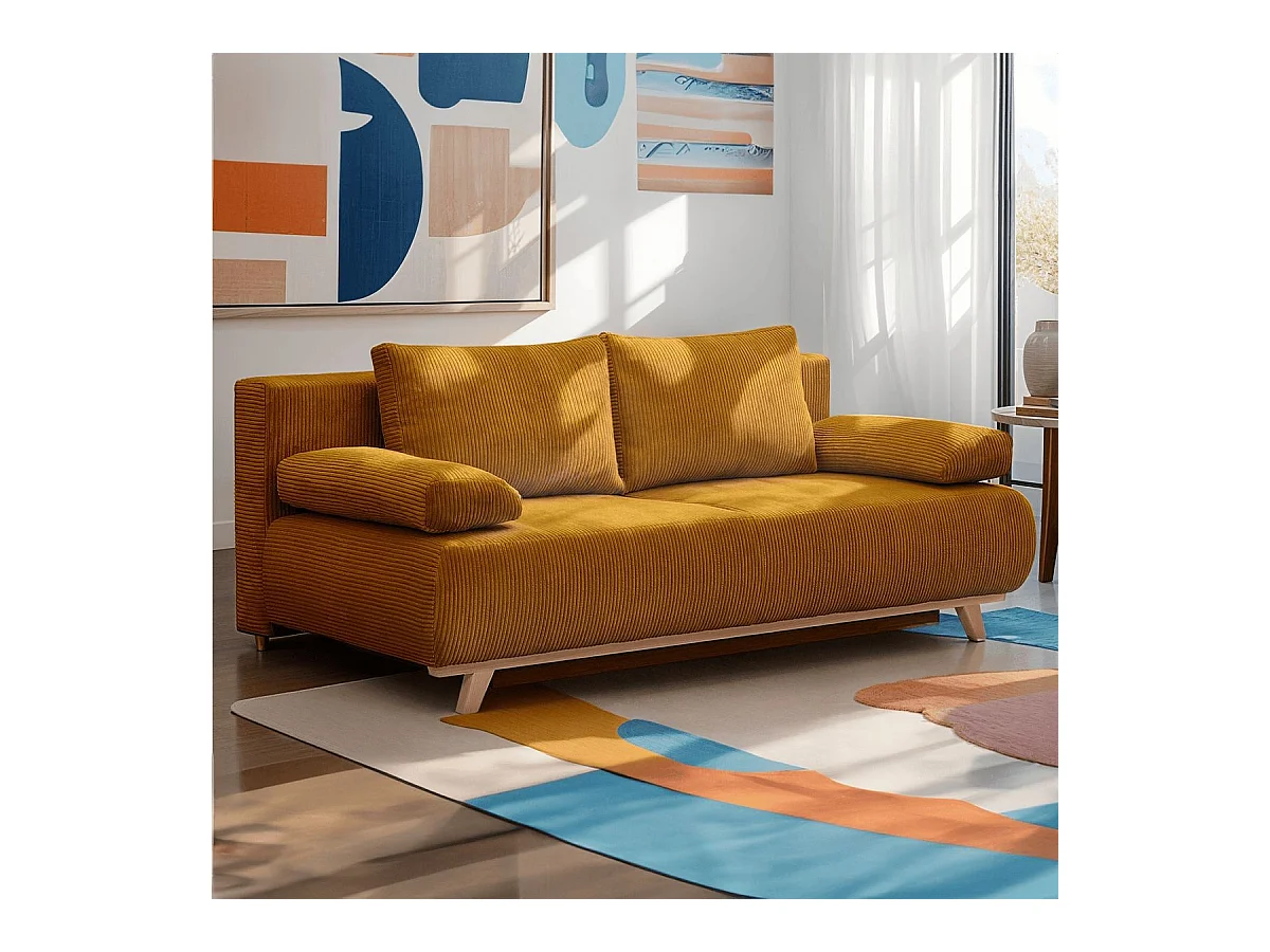 Canapé convertible 3 places avec coffre de rangement en velours côtelé jaune moutarde - Laria