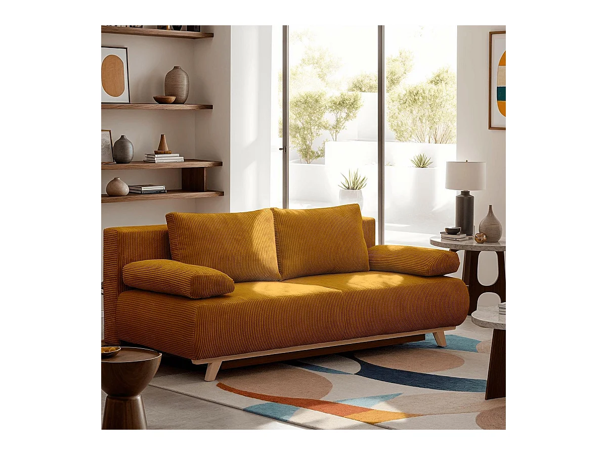 Canapé convertible 3 places avec coffre de rangement en velours côtelé jaune moutarde - Laria