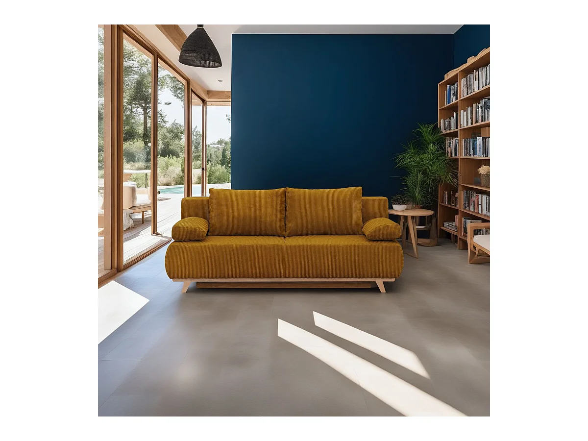 Canapé convertible 3 places avec coffre de rangement en velours côtelé jaune moutarde - Laria