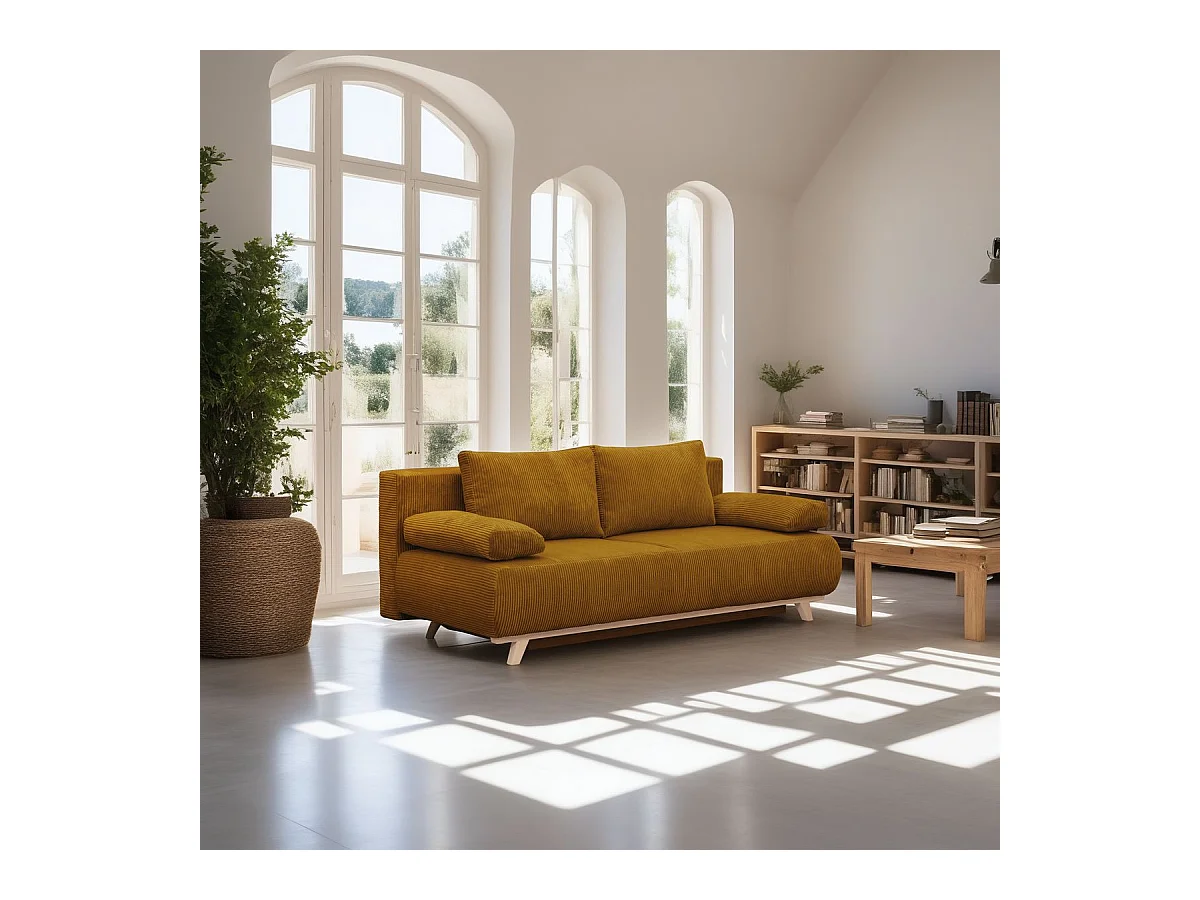 Canapé convertible 3 places avec coffre de rangement en velours côtelé jaune moutarde - Laria