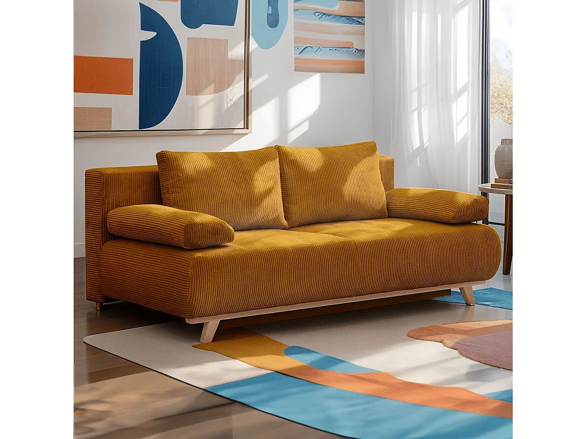 Canapé convertible 3 places avec coffre de rangement en velours côtelé jaune moutarde - Laria