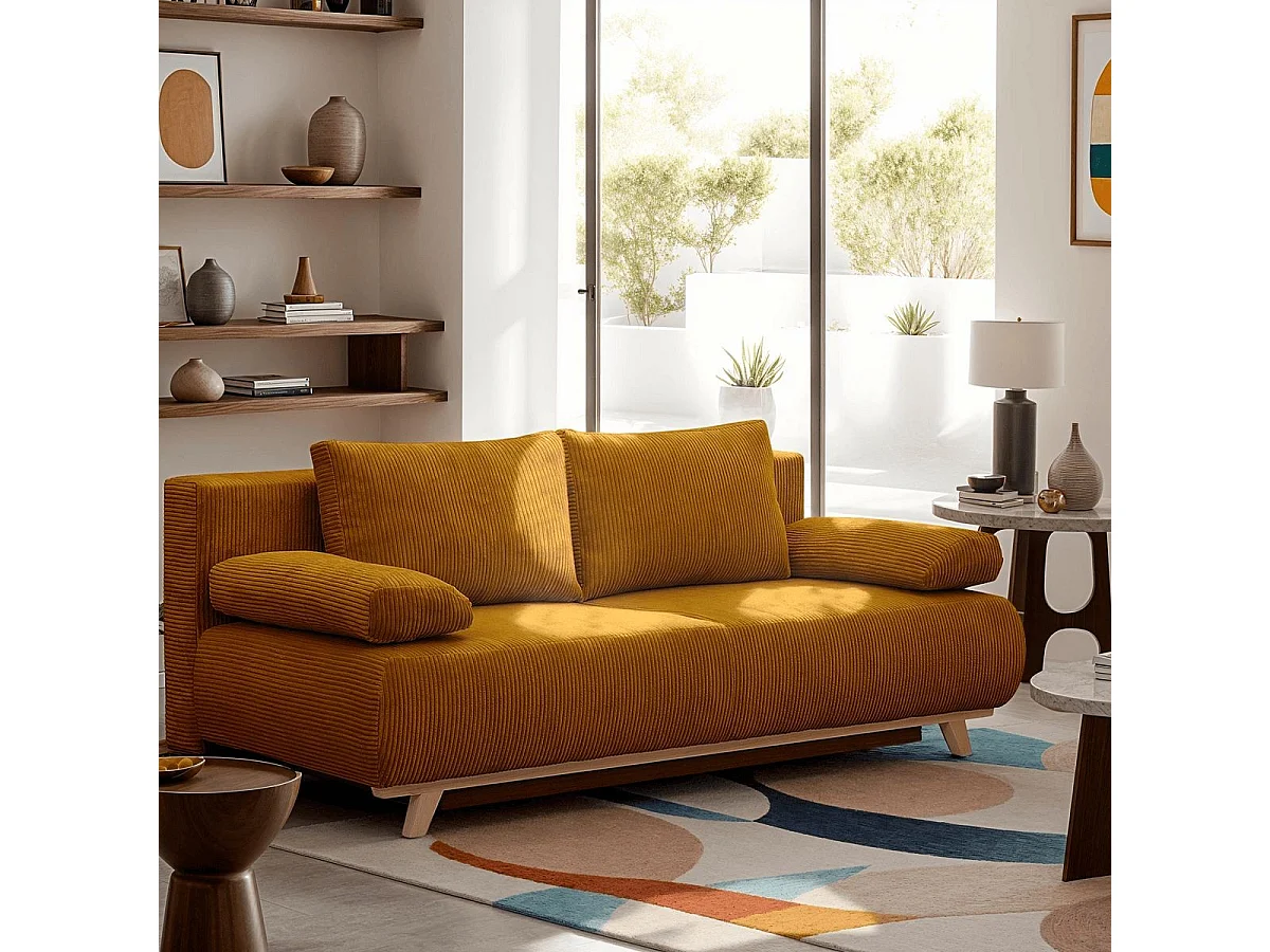 Canapé convertible 3 places avec coffre de rangement en velours côtelé jaune moutarde - Laria