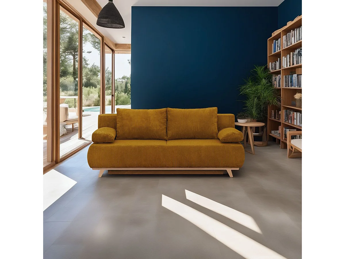 Canapé convertible 3 places avec coffre de rangement en velours côtelé jaune moutarde - Laria