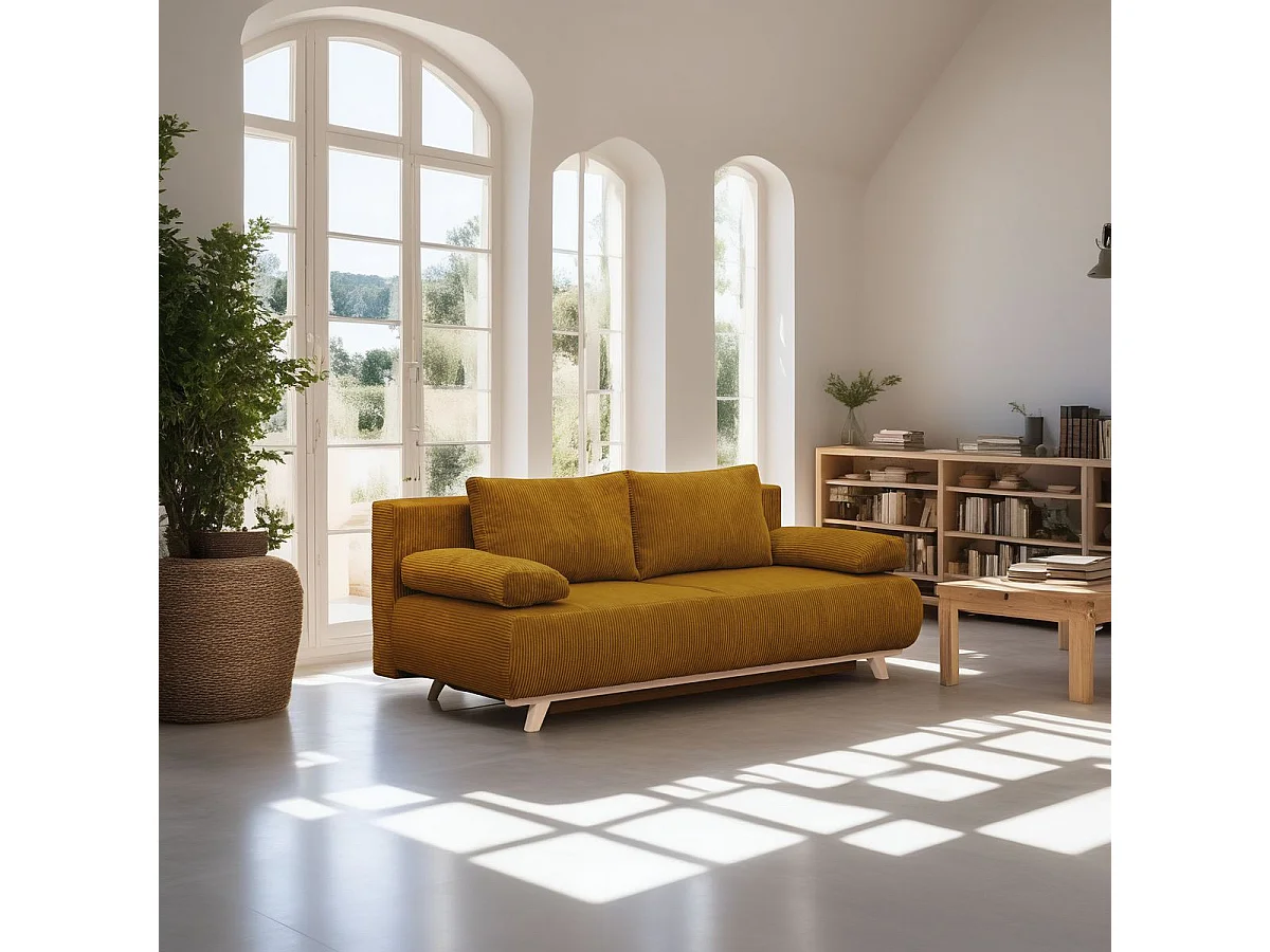 Canapé convertible 3 places avec coffre de rangement en velours côtelé jaune moutarde - Laria