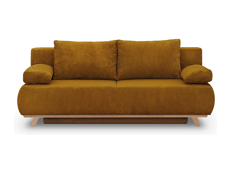 Canapé convertible 3 places avec coffre de rangement en velours côtelé jaune moutarde - Laria