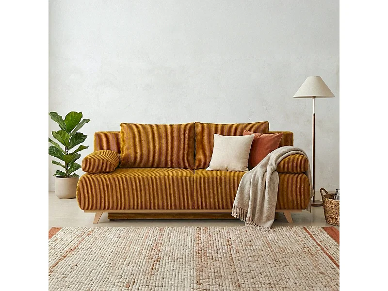 Canapé convertible 3 places avec coffre de rangement en velours côtelé jaune moutarde - Laria