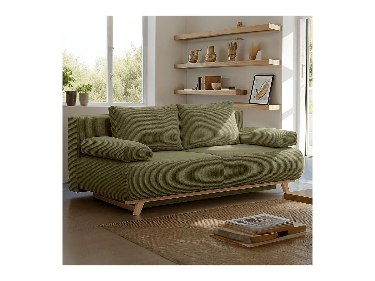 Canapé convertible 3 places avec coffre de rangement en velours côtelé vert kaki - Laria