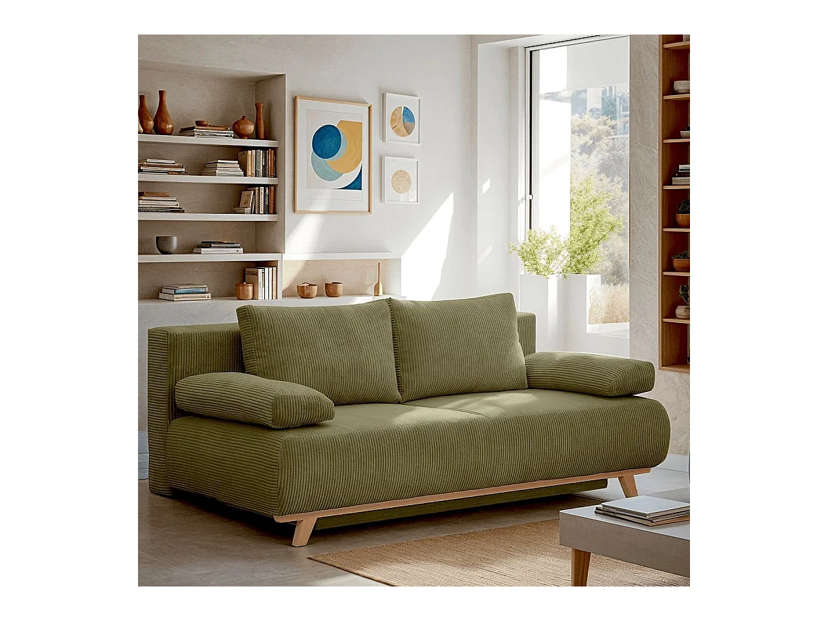 Canapé convertible 3 places avec coffre de rangement en velours côtelé vert kaki - Laria