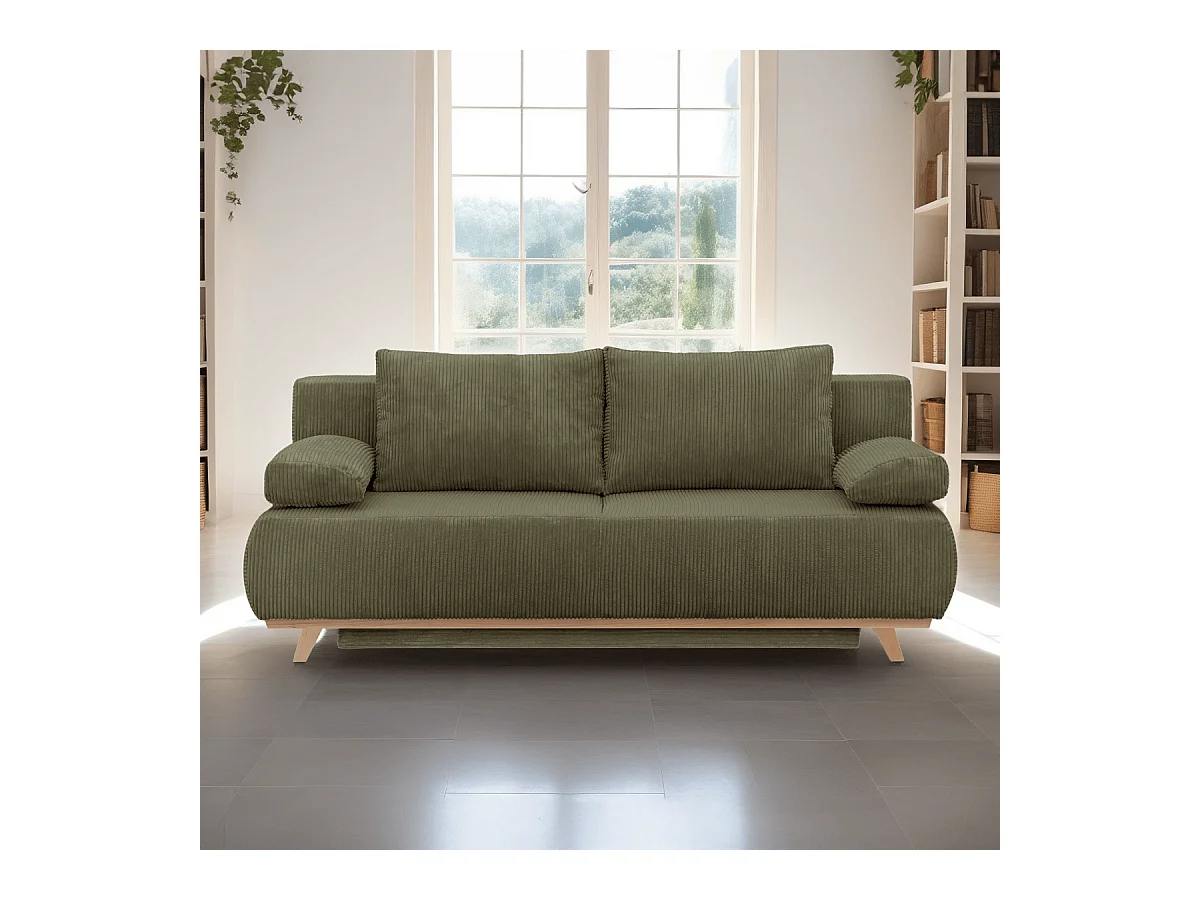 Canapé convertible 3 places avec coffre de rangement en velours côtelé vert kaki - Laria