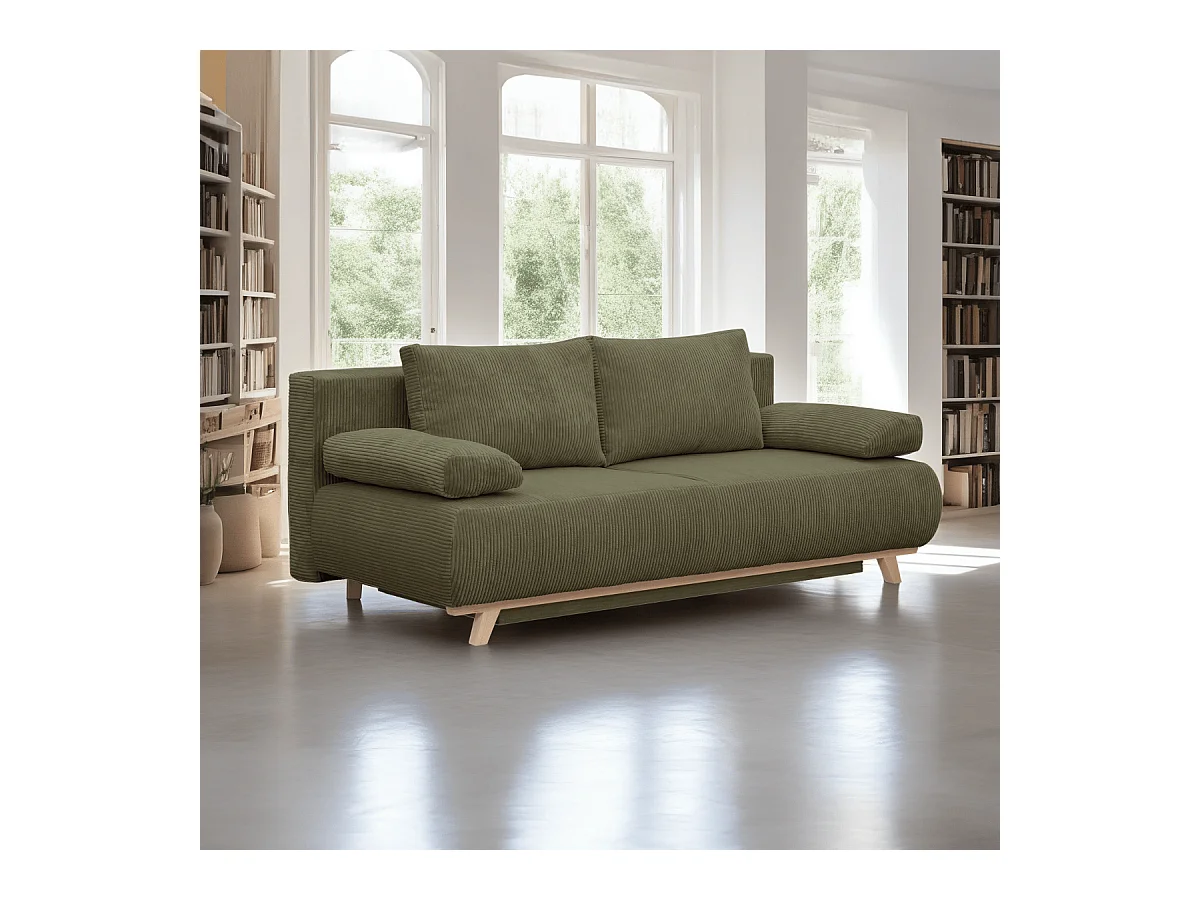Canapé convertible 3 places avec coffre de rangement en velours côtelé vert kaki - Laria