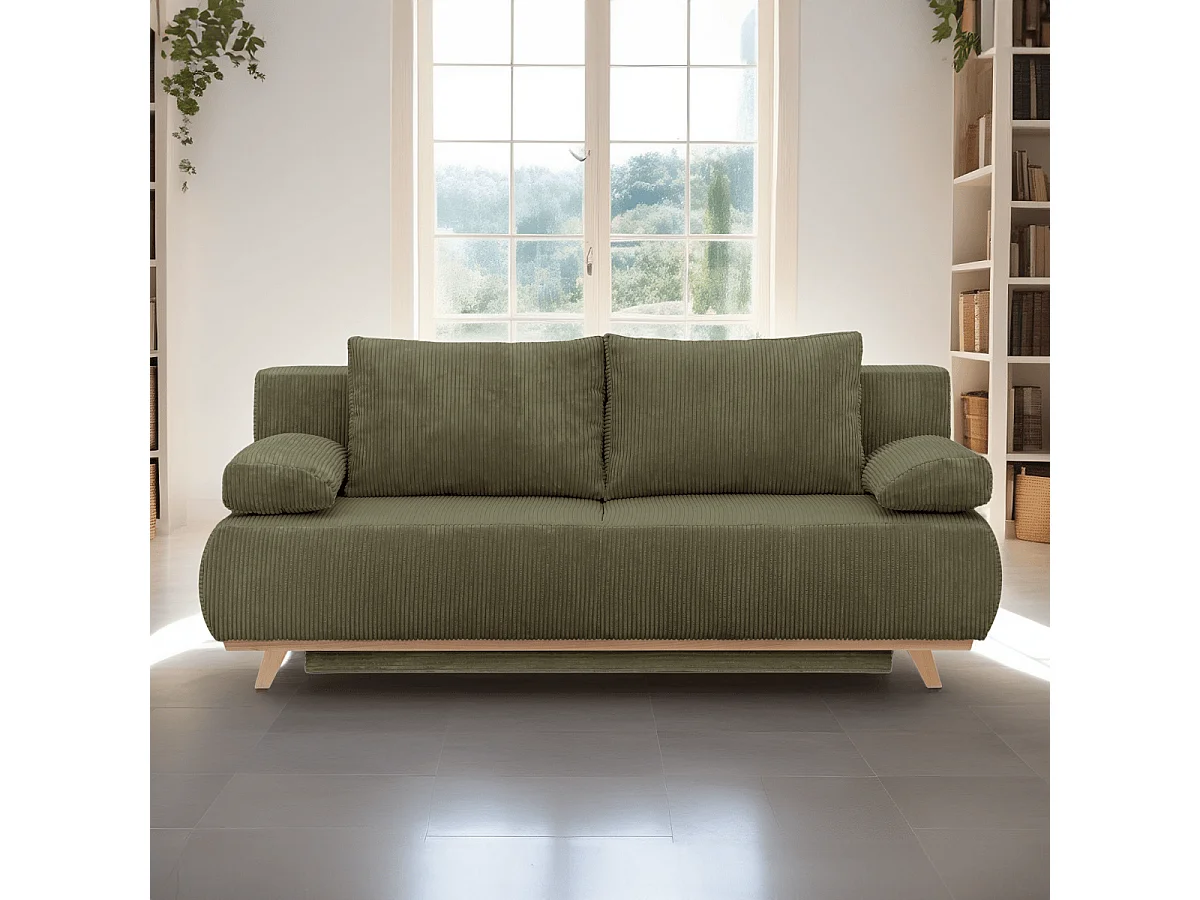 Canapé convertible 3 places avec coffre de rangement en velours côtelé vert kaki - Laria