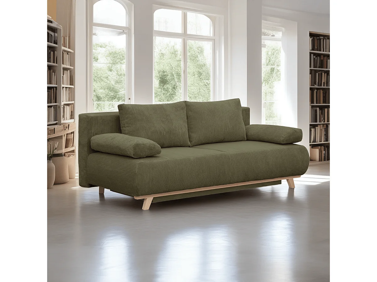 Canapé convertible 3 places avec coffre de rangement en velours côtelé vert kaki - Laria