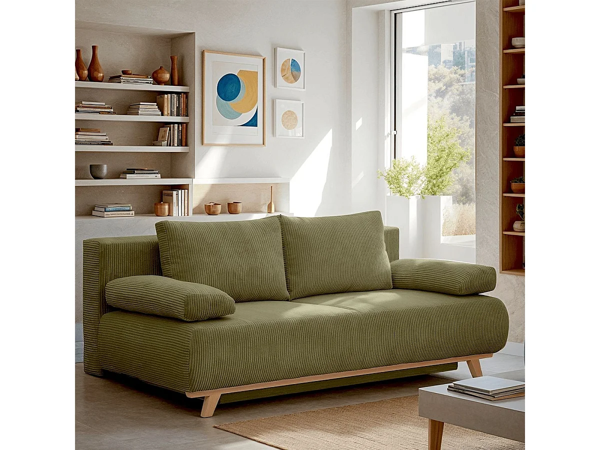 Canapé convertible 3 places avec coffre de rangement en velours côtelé vert kaki - Laria