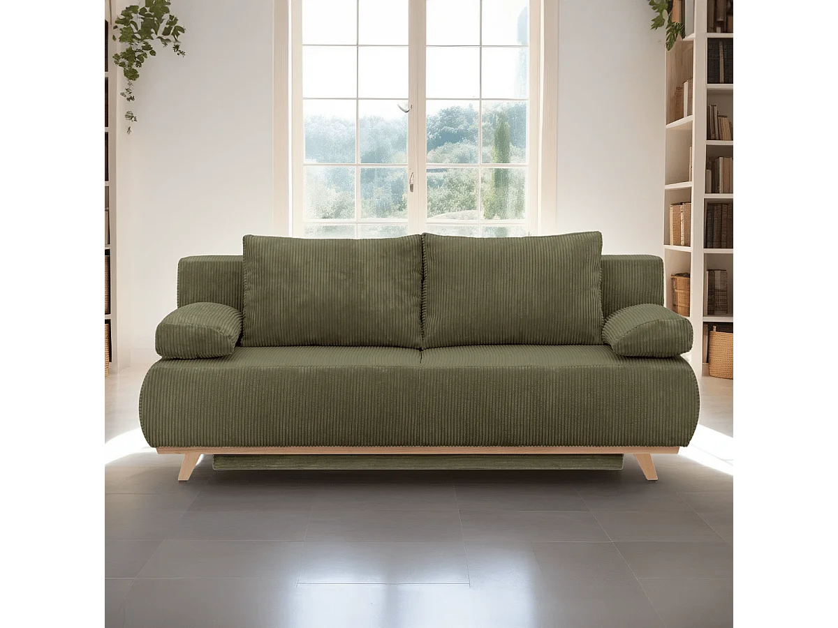 Canapé convertible 3 places avec coffre de rangement en velours côtelé vert kaki - Laria