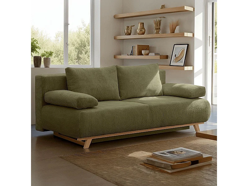 Canapé convertible 3 places avec coffre de rangement en velours côtelé vert kaki - Laria