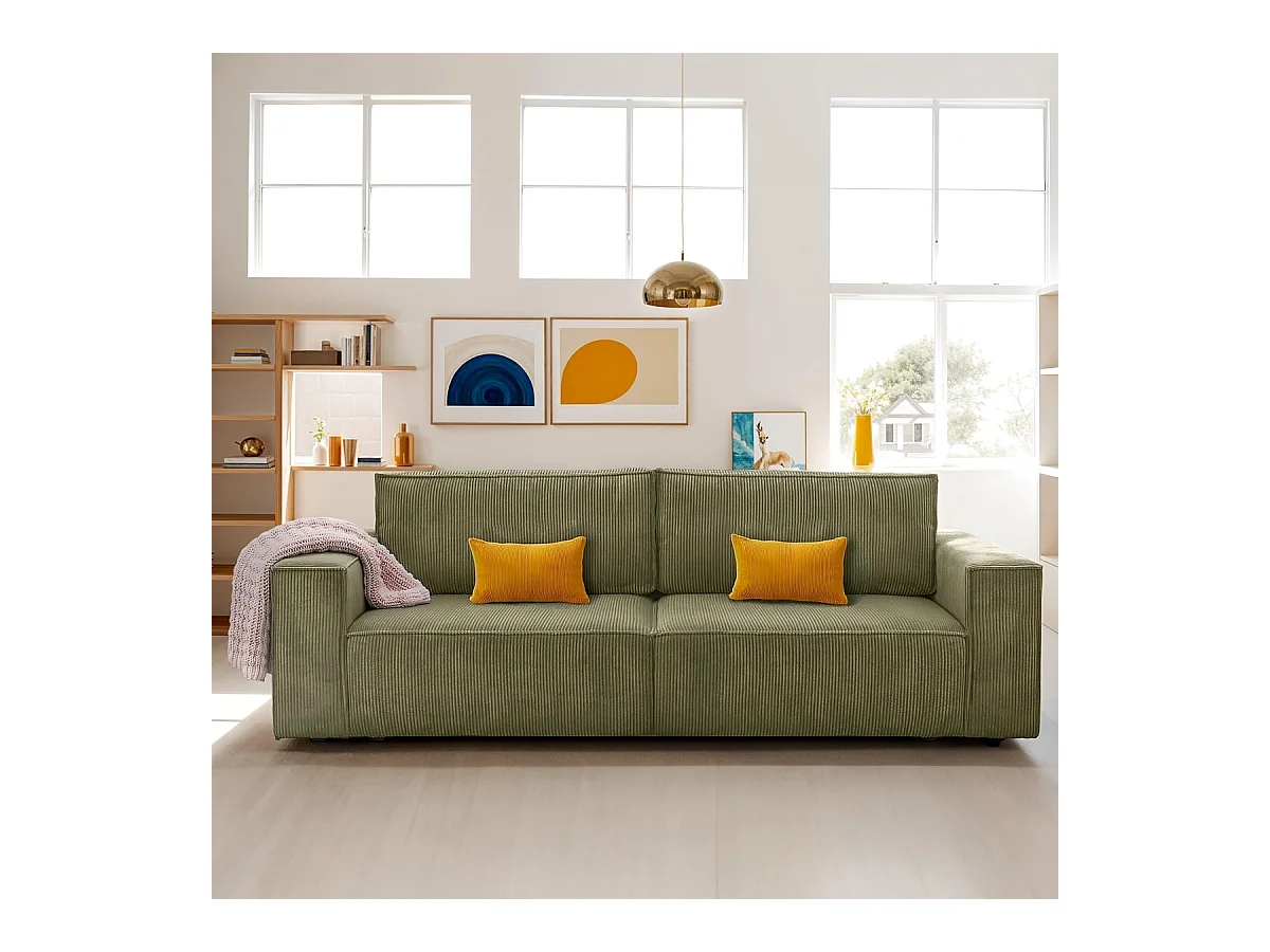 Canapé convertible 3 Places avec coffre de rangement en velours côtelé vert kaki - Harper