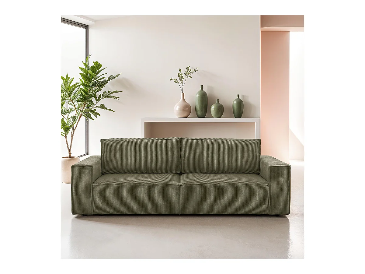 Canapé convertible 3 Places avec coffre de rangement en velours côtelé vert kaki - Harper
