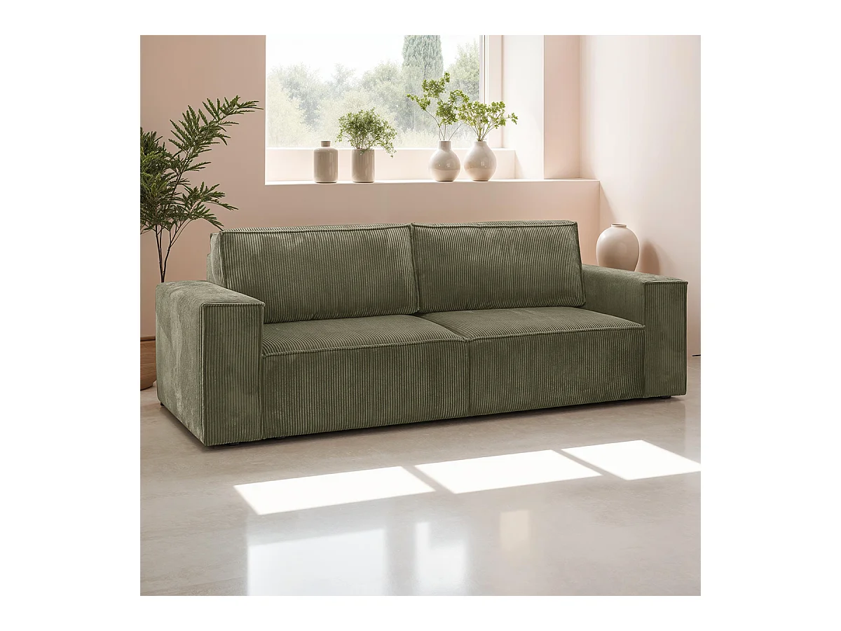 Canapé convertible 3 Places avec coffre de rangement en velours côtelé vert kaki - Harper