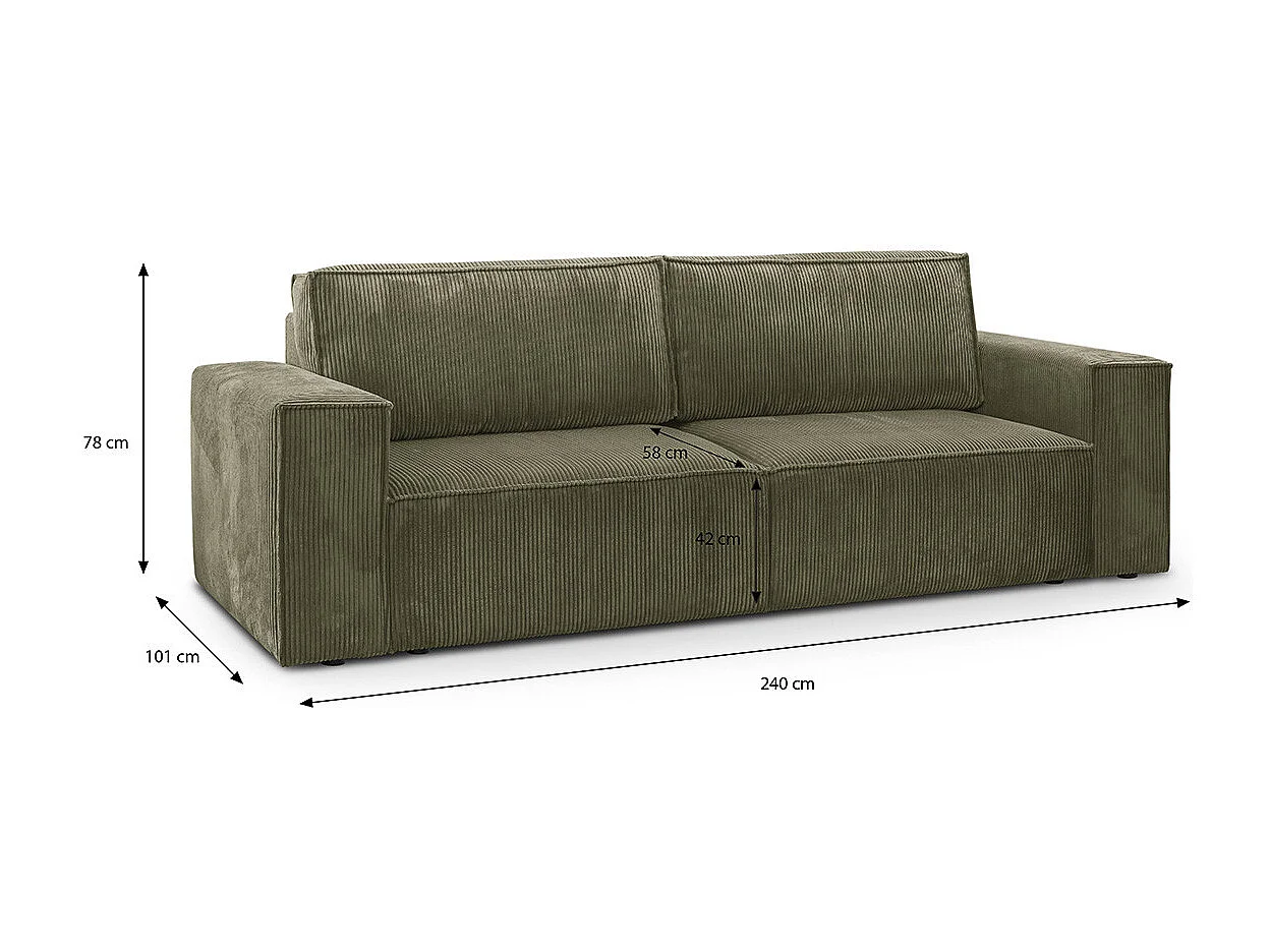 Canapé convertible 3 Places avec coffre de rangement en velours côtelé vert kaki - Harper